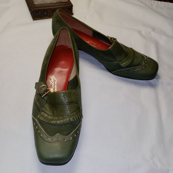 Little Lady 1960s Oxford Size 7 1/2 Buster Brown Green Flats Leather Suede - Picture 1 of 12